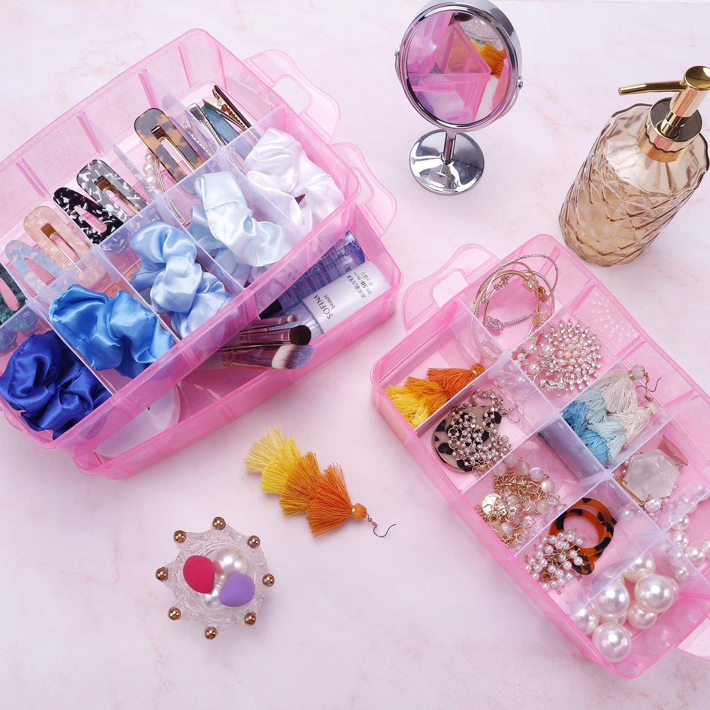 SGHUO Bead Organizers and Storage 3-Tier Pink Craft Container Stackable Box with Dividers for Art Supplies, Washi Tapes, Seed, Hair Accessories, Nail, 9.5X6.5X7.2in