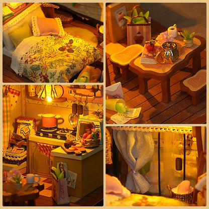 Foyucool Miniature House Kit, DIY Dollhouse Kits with Lights and Dust Cover, The for Family & Friends, Creative Craft Kit with Two-Story Bakery & Forest Basement