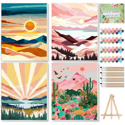 Ninonly Paint by Numbers Kit for Adults with Framed Canvas 4 Pack, Sunrise Paint by Number Arts Kits for Beginner with Wooden Easel, Acrylic Set, Brushes for Home Decor, 9 * 12 Inch