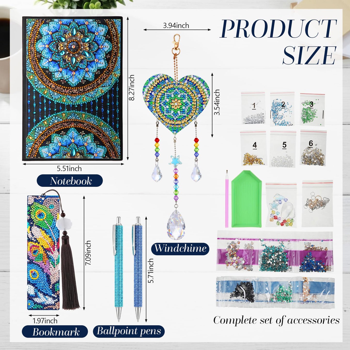 ForraFun Diamond Art Notebook for Adults Diamond Painting Journals Notebooks 5d DIY Diamonds Notebook Painting Kit with Diamonds Ballpoint DIY Bookmark & Wind Chime for Crafts Gift(Mandala)