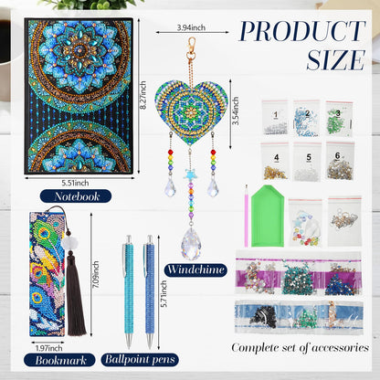 ForraFun Diamond Art Notebook for Adults Diamond Painting Journals Notebooks 5d DIY Diamonds Notebook Painting Kit with Diamonds Ballpoint DIY Bookmark & Wind Chime for Crafts Gift(Mandala)