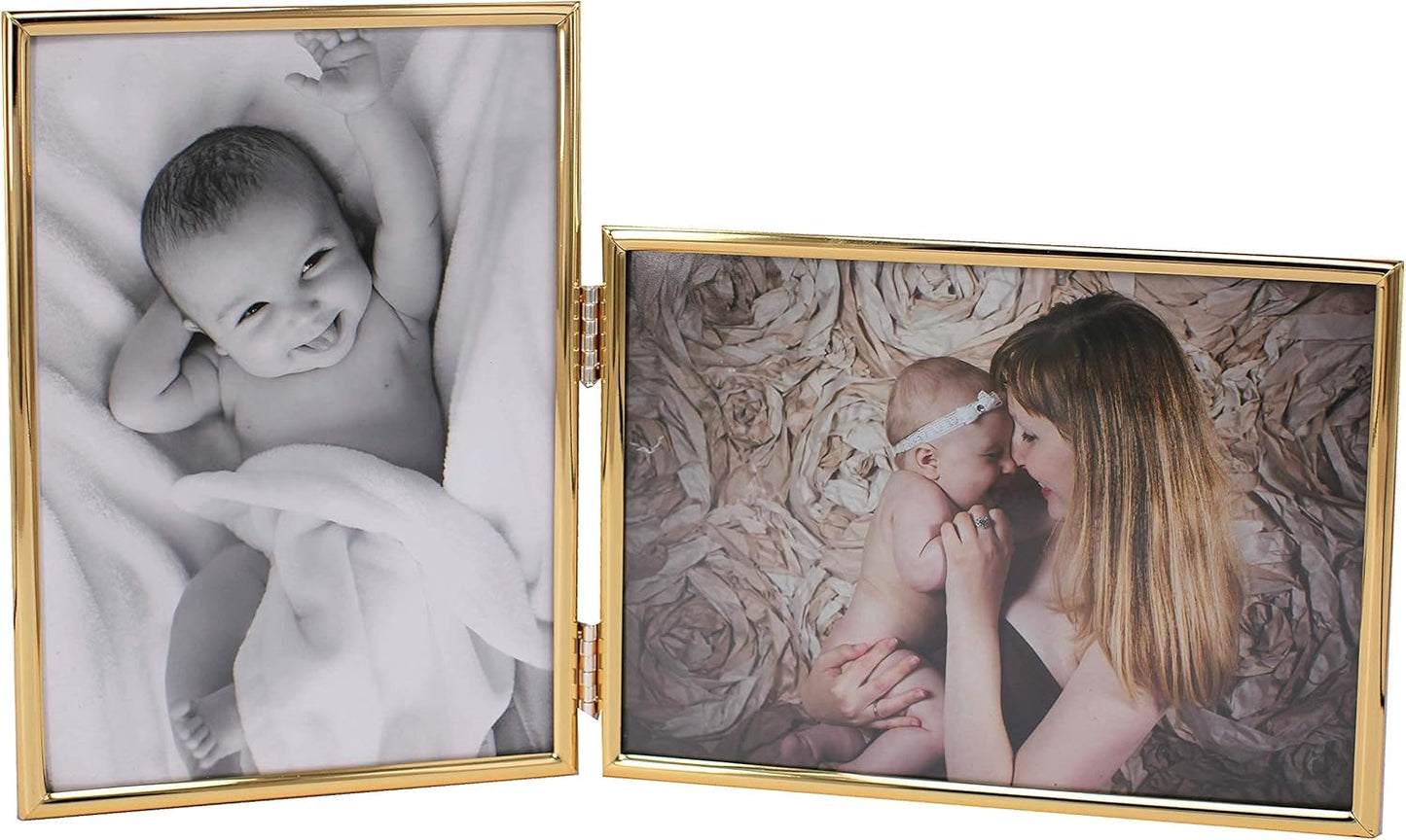 Double 4 by 6 Inch Metal Folding Picture Frames - 1 Landscape and 1 Portrait Style (Modern Gold)