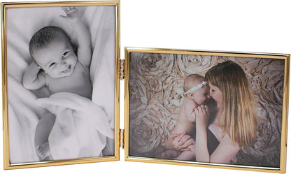 Double 4 by 6 Inch Metal Folding Picture Frames - 1 Landscape and 1 Portrait Style (Modern Gold)