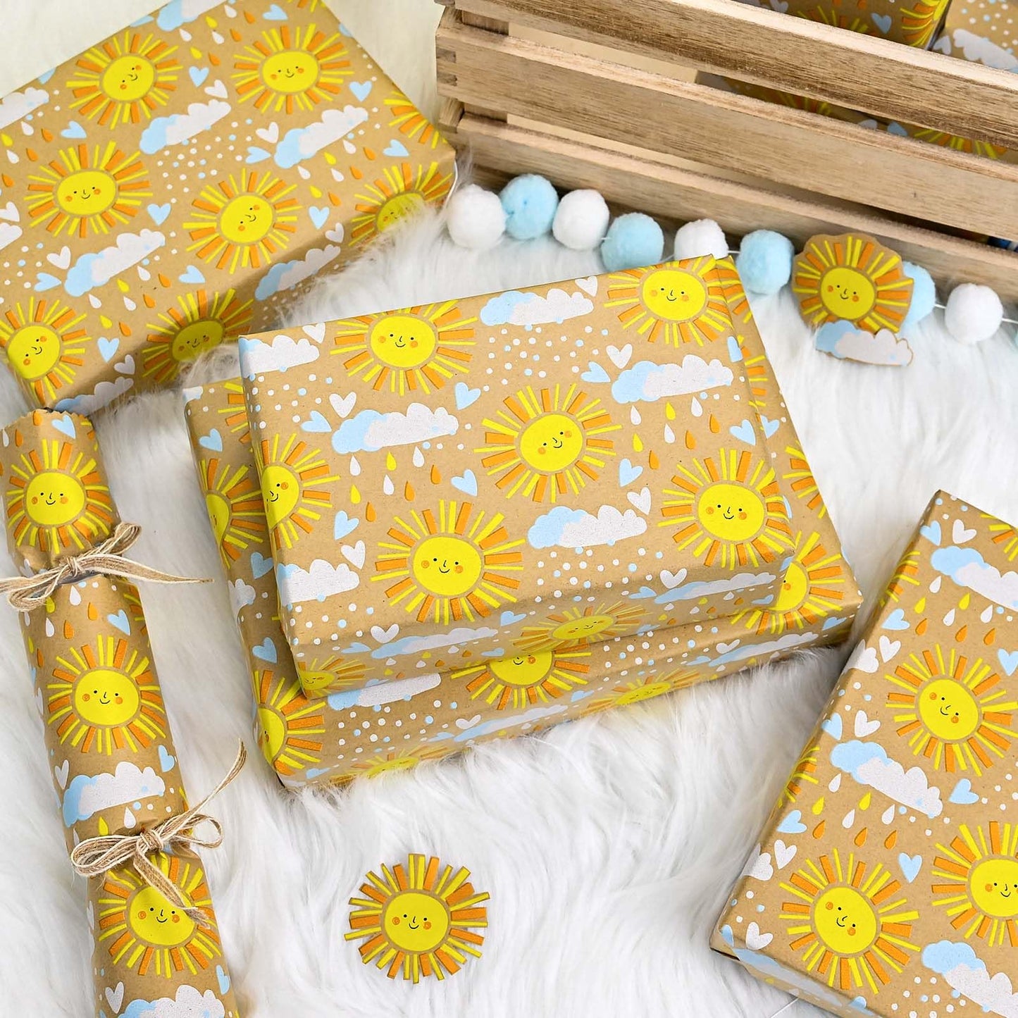 MAYPLUSS Kraft Baby Shower Wrapping Paper, Recyclable Sunshine, Cloud & Heart Design Baby Gift Wrap Paper for Children Birthday, Party, Holiday, Cute Wrapping Paper Mini Roll (17 Inch X 33 Feet)