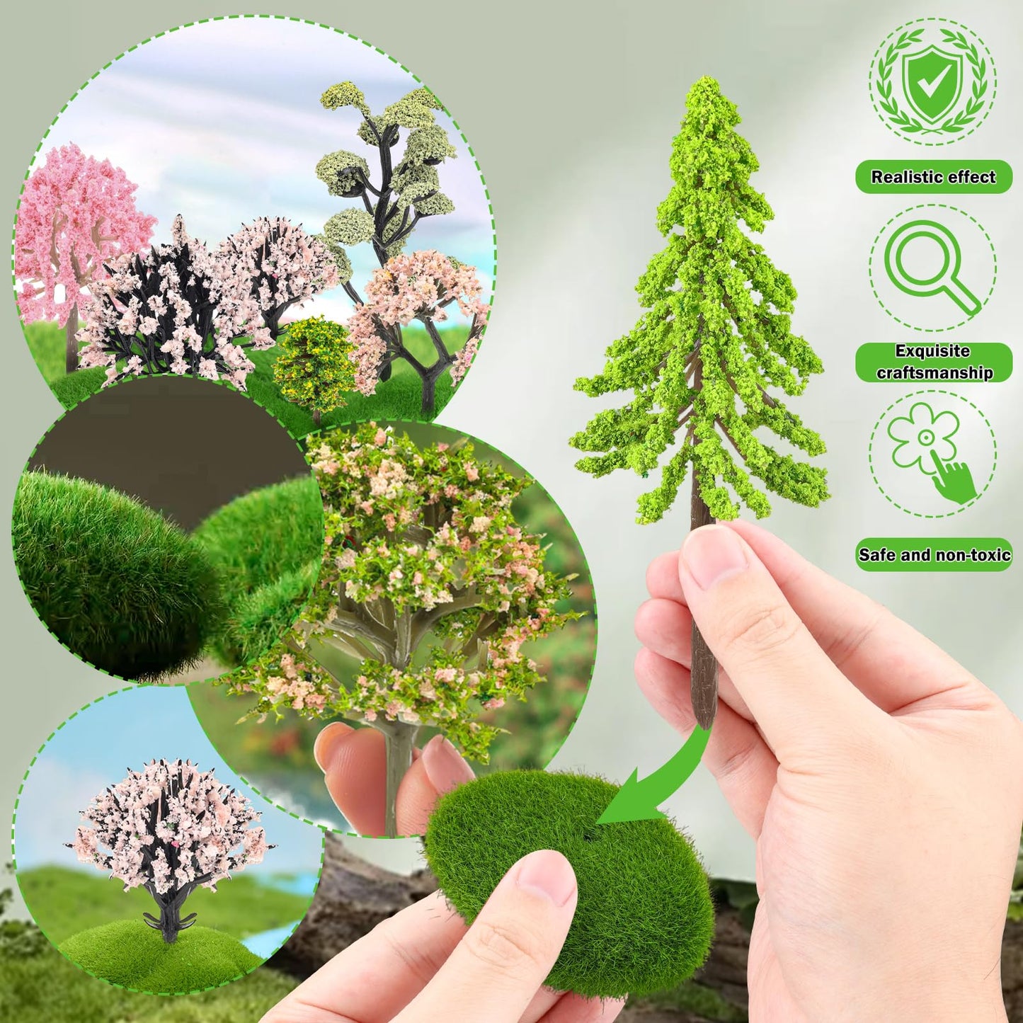 QUOZUO 42Pcs Model Miniature Trees with Moss Stones, Model Train Scenery, Mixed Model Colourful Trees for Building Model, Natural Green Landscape, Railroad Scenery
