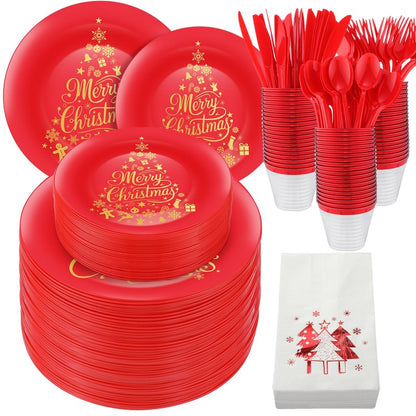 Shellwei 280 Pcs Plastic Dinnerware Set, Disposable Plates Includes 40 Dinner Plates 40 Cups 40 Dessert Plate 40 Papers Napkins 40 Forks Knives Spoons for Party (Christmas)