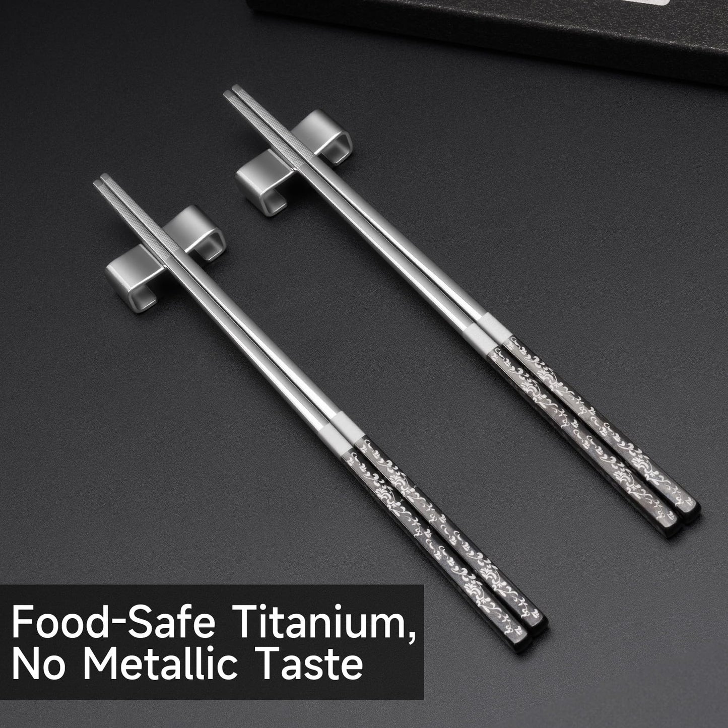 JEETEE 2 Pairs Titanium Coated Anti-slip Stainless Steel Reusable Chopsticks Dishwasher Safe - Nice Metal Chop Sticks with Holder Set Sushi Ramen Chopsticks for Daily Party Camping Gift 9.25 Inch Grey