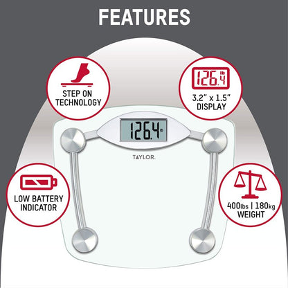 Taylor Digital Bathroom Scale, Body Weight Scale, Instant On and Off, 400 lb Capacity, Sturdy Clear Glass with Chrome-Finish Base