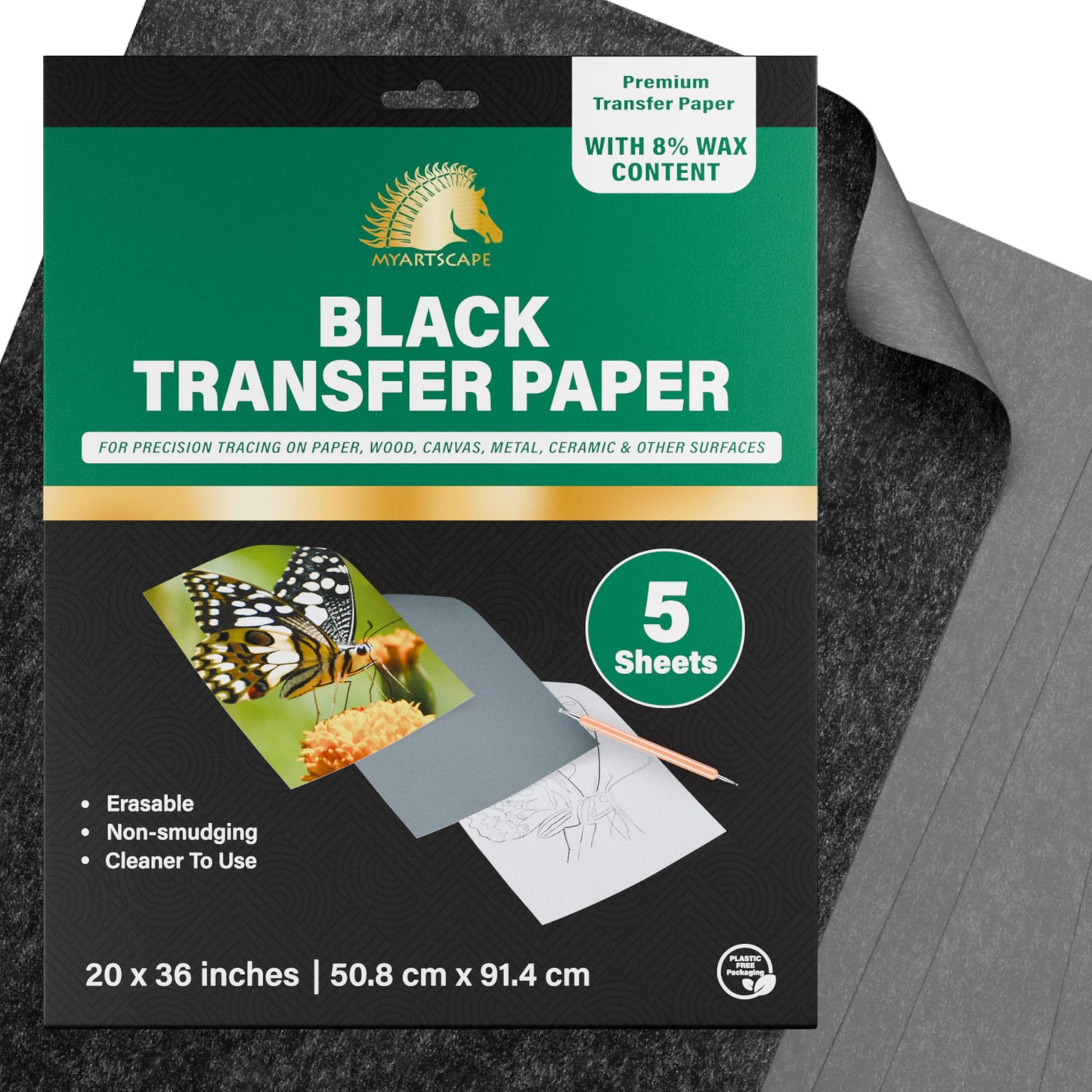 Graphite Transfer Paper for Tracing - 5 Extra-Large Sheets 20"x36" - Black Carbon Paper for Tracing on Wood, Canvas, Metal & Fabric - Waxed Graphite Tracing Paper for Drawing - MyArtscape