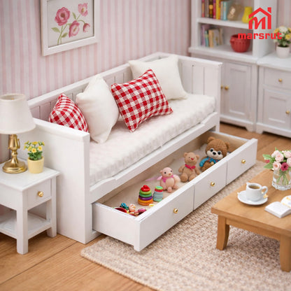Miniature Dollhouse Daybed, 1/12 Scale Couch, Upholstered Wooden Fabric Sofa with Pillows, Mini Loveseat Sofa Furniture Set for 6 Inch Dolls, Modern Living Room Realistic Model DecorationAccessories