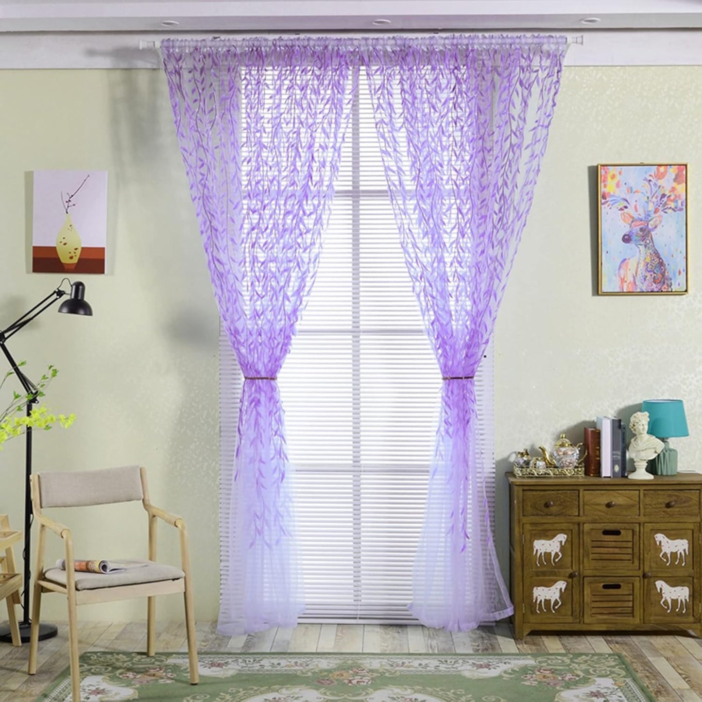 ICYANG Sheer Lavender Curtains Lilac Leaf Purple Vine Willow Tulle Drape Panel Valances 78.6 x 39.3 Inch for Home