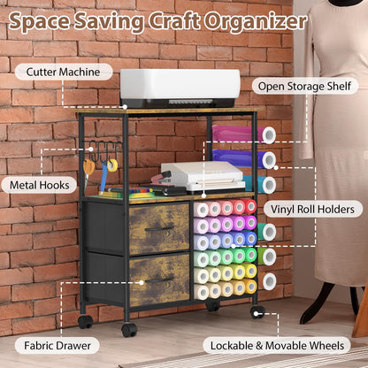 Craft Table Compatible with Cricut Machines Rolling Craft Storage Cart with Vinyl Roll Holders, Crafting Table Workstation with 2 Fabric Drawers, Locakable Wheels, Rustic Brown