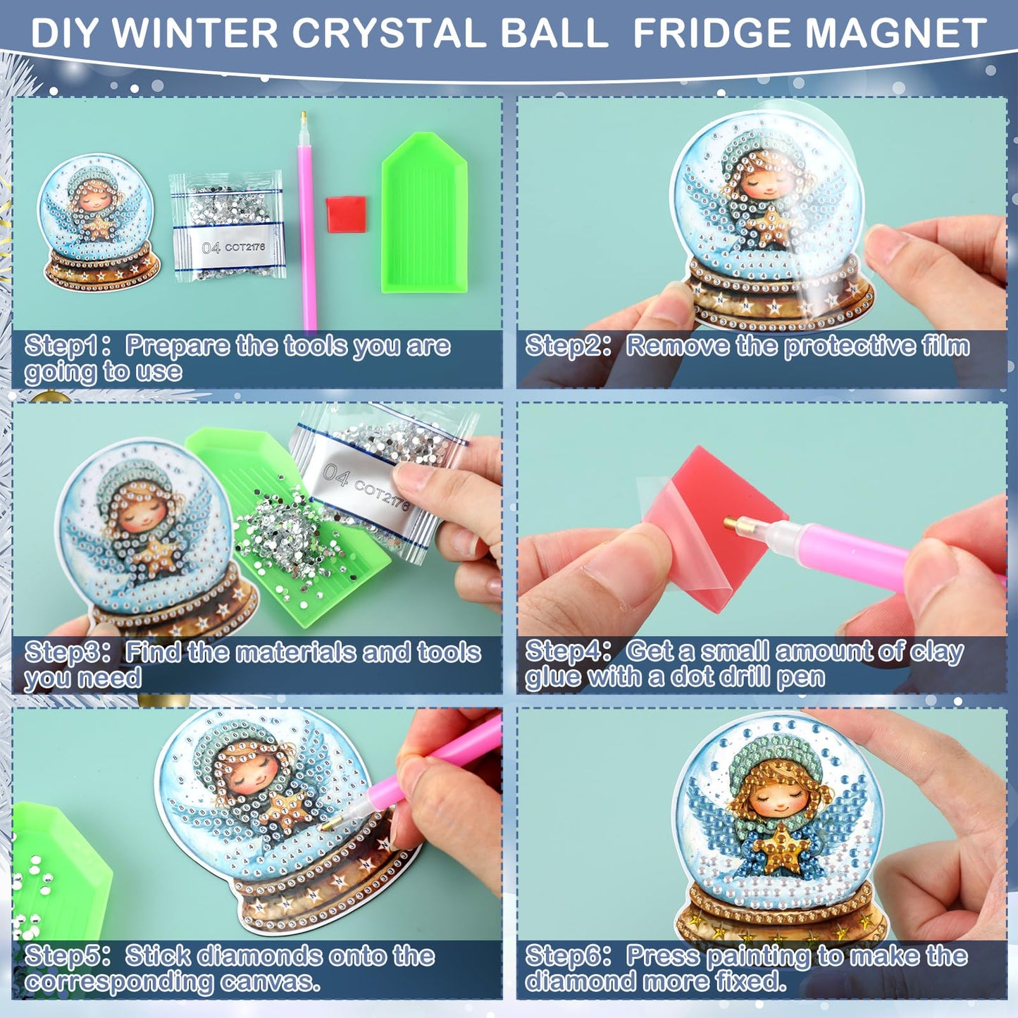 30 Pcs Christmas Diamond Art Kits Magnetic Winter Diamond Painting Magnets Kits Blue Crystal Ball 5d DIY Art Fridge Magnet Refrigerator Sticker for Adult Beginners Home Car Garage Xmas Gift