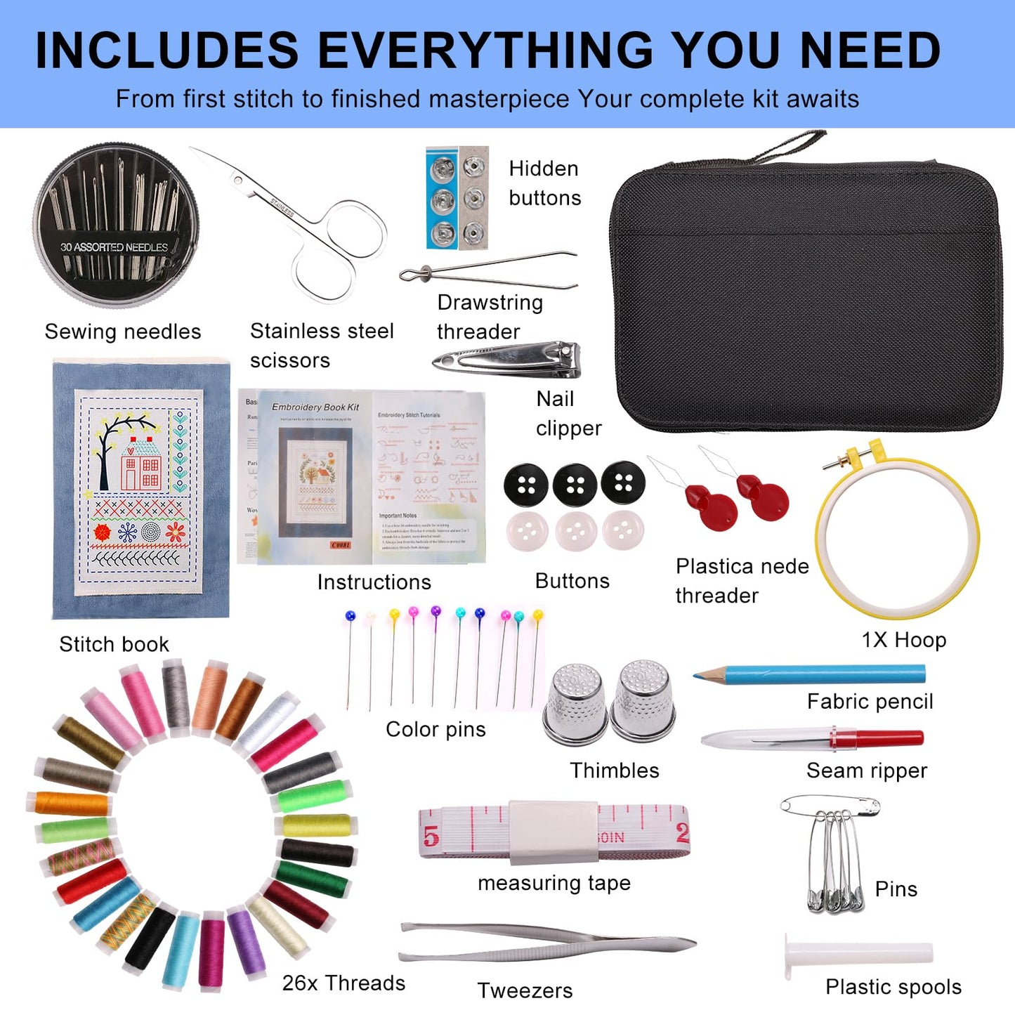 Losaria 100 PCS Complete Embroidery Stitch Kit with Includes Step-by-Step Instructions, Hoops, Threads, Needles & Fabric, All-in-One Portable Starter Set for Adult Beginners & DIY Craft Enthusiasts