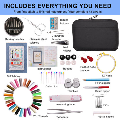 Losaria 100 PCS Complete Embroidery Stitch Kit with Includes Step-by-Step Instructions, Hoops, Threads, Needles & Fabric, All-in-One Portable Starter Set for Adult Beginners & DIY Craft Enthusiasts