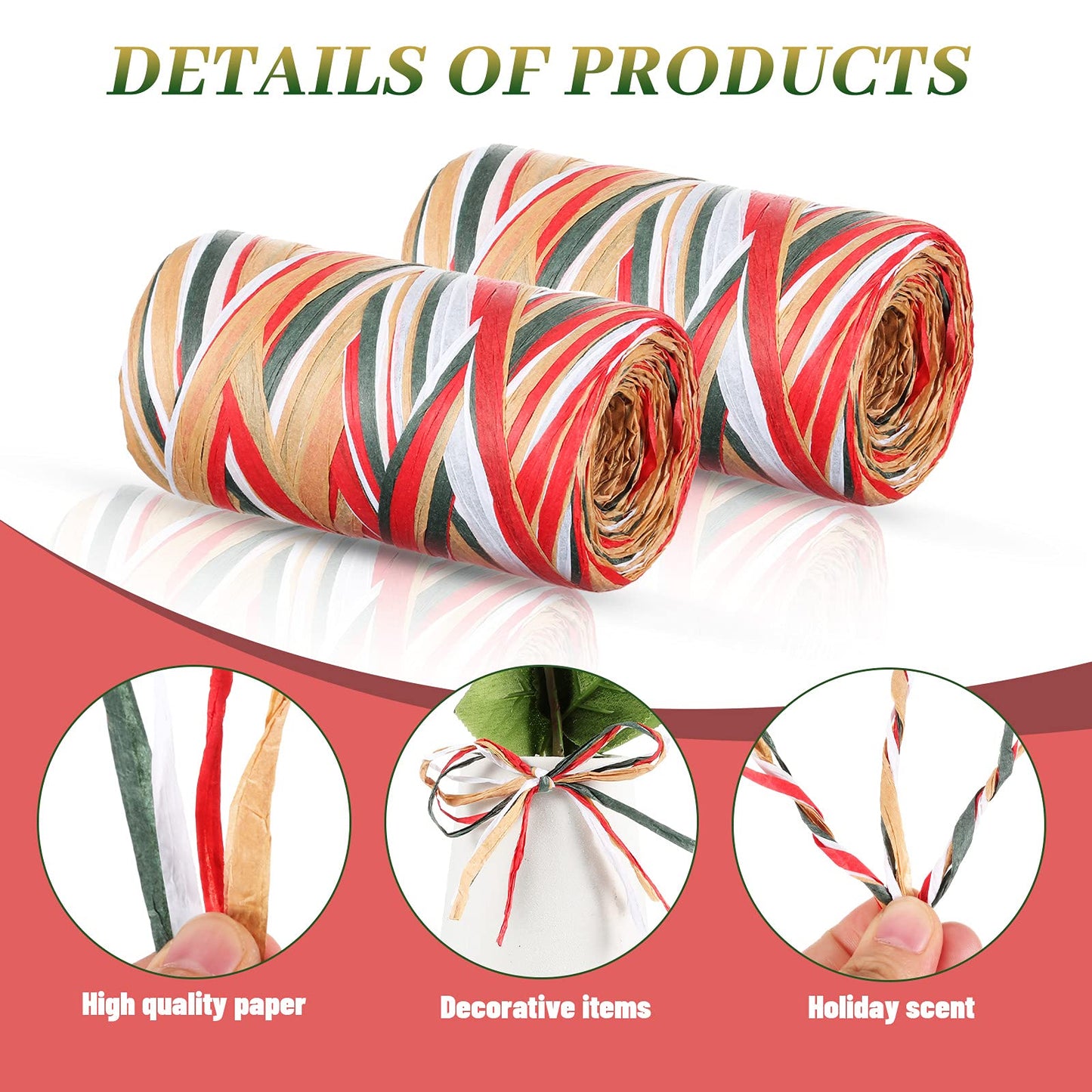 Shappy 2 Rolls Christmas Raffia Ribbon 524 Feet Matte Paper Craft Ribbon Packing Paper Twine Raffia Yarn for Xmas Gifts Wrapping Party Festival Holiday Decor(Red, White, Green, Flaxen)