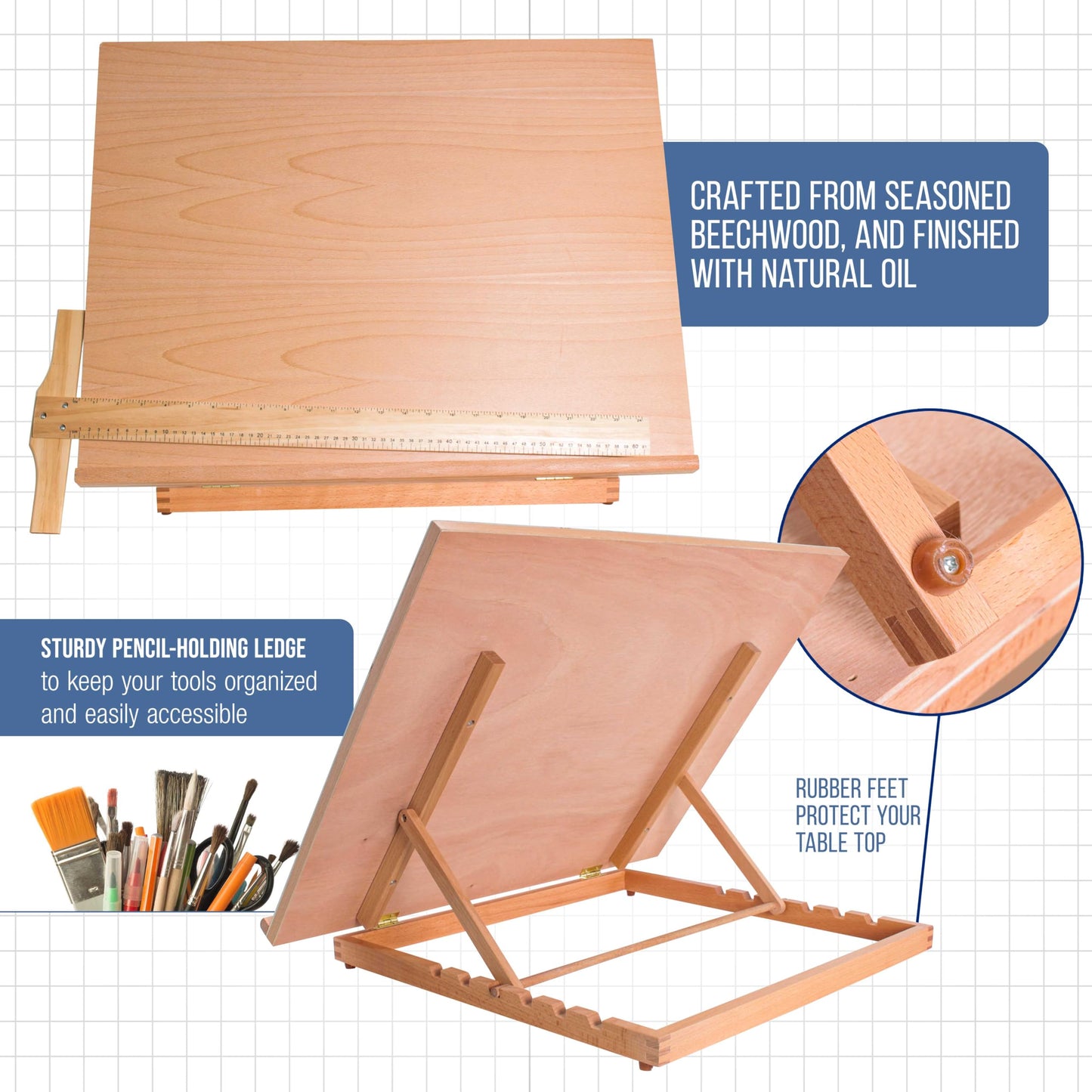 U.S. Art Supply X-Large 26" x 21" Wooden Drawing Board, Adjustable Table Top Easel for Painting and Drawing - Drafting Board with T-Square, Pencil Ledge