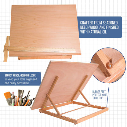 U.S. Art Supply X-Large 26" x 21" Wooden Drawing Board, Adjustable Table Top Easel for Painting and Drawing - Drafting Board with T-Square, Pencil Ledge