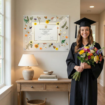 Thyle 2026 Graduation Acrylic Diploma Frame 18x22 Floral Business License Frame Wall Mount Floating Certificate Display Set with 50 Dried Flowers, Tweezers & Nano Tape, Ready-to-use(White,Beige)