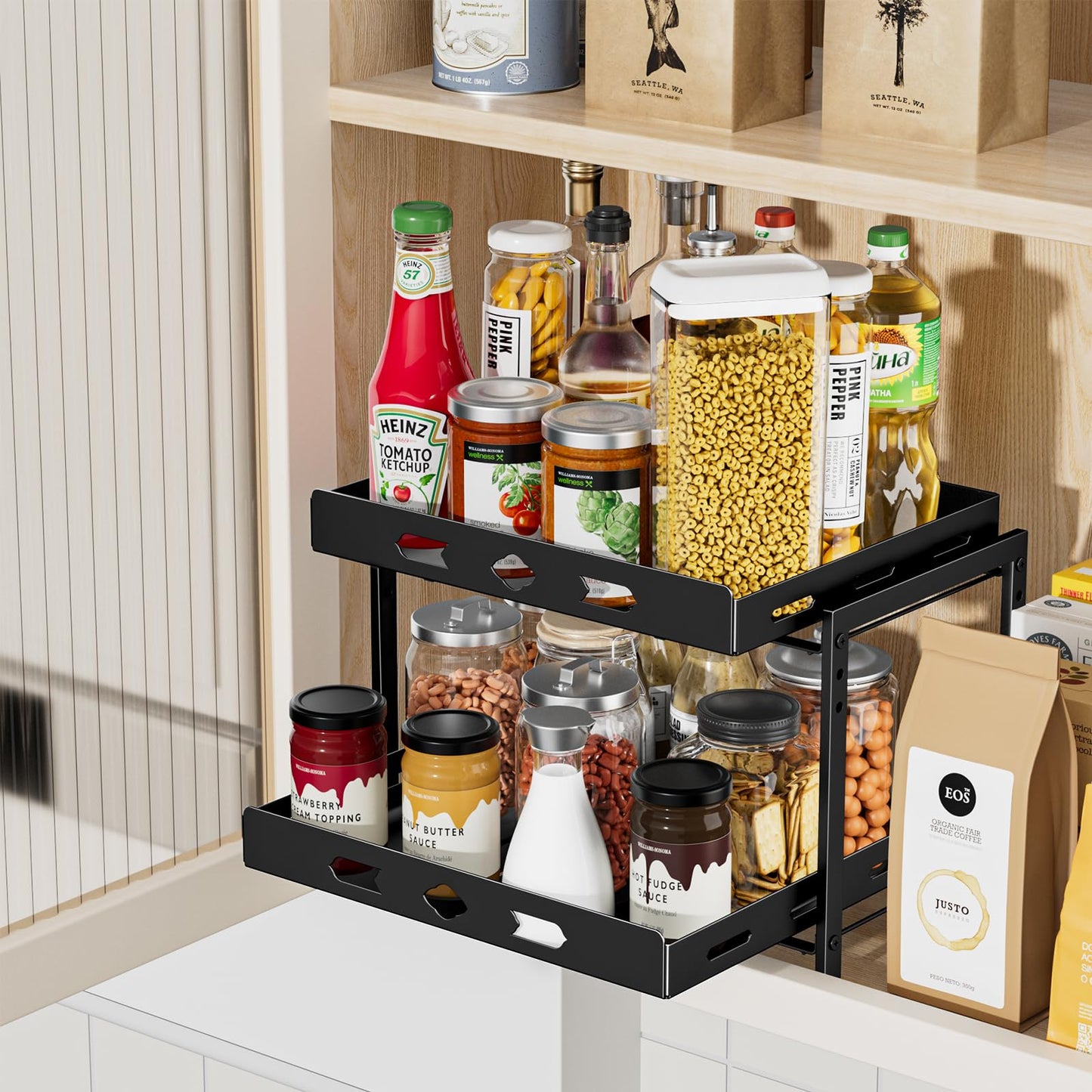 BOIVSHI Spice Organization for Cabinet, 2-Tier Cabinet Spice Rack, Height Adjustable Vertical Spice Rack Pull Out for Kitchen, Cabinet, Pantry (14.1''Wx10.8''Dx9.2''H, Metal Black)