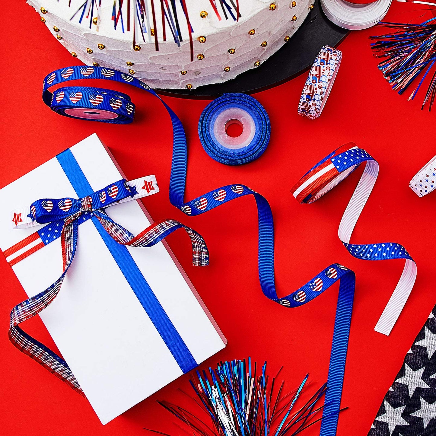 12 Rolls 60 Yards 4th of July Ribbons Red White Blue Grosgrain Ribbon Patriotic Stain Flag Ribbons for 250th Anniversary Patriotic Independence Day DIY Wrapping Craft Decoration Hair Bow Wreath