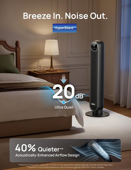 DREO Tower Fan - Ultra Quiet Bladeless Design with 8 Speeds & 90° Oscillation | High Velocity 28ft/s, Black