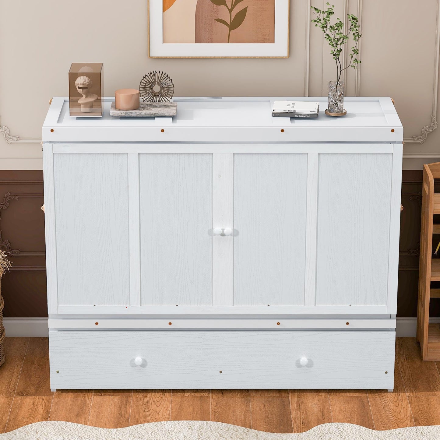 Bellemave Queen Murphy Bed Cabinet Bed, Solid Murphy Bed with Storage Drawer, Queen Size Bed with USB Ports, Chest Wall Bed with Drawer (White, Queen)