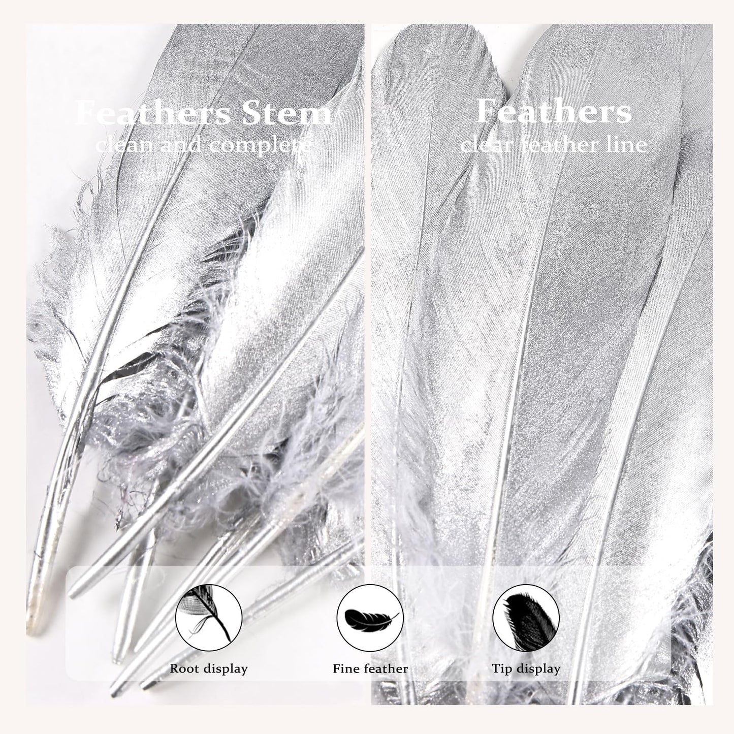 FeelfunFeather 120pcs Silver Goose Feathers 6-8 Inch 15-20cm Decorative Natural Goose Nagoire Feather Bulk for DIY Crafts Cosplay Wedding Party Christmas Halloween Home Decoration