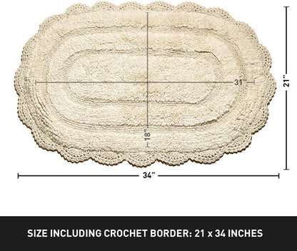 Chardin Home Ivory Crochet Bathrug, 100% Cotton Oval Bathmat with Handcrafted Crochet Border, 21x34 Inch