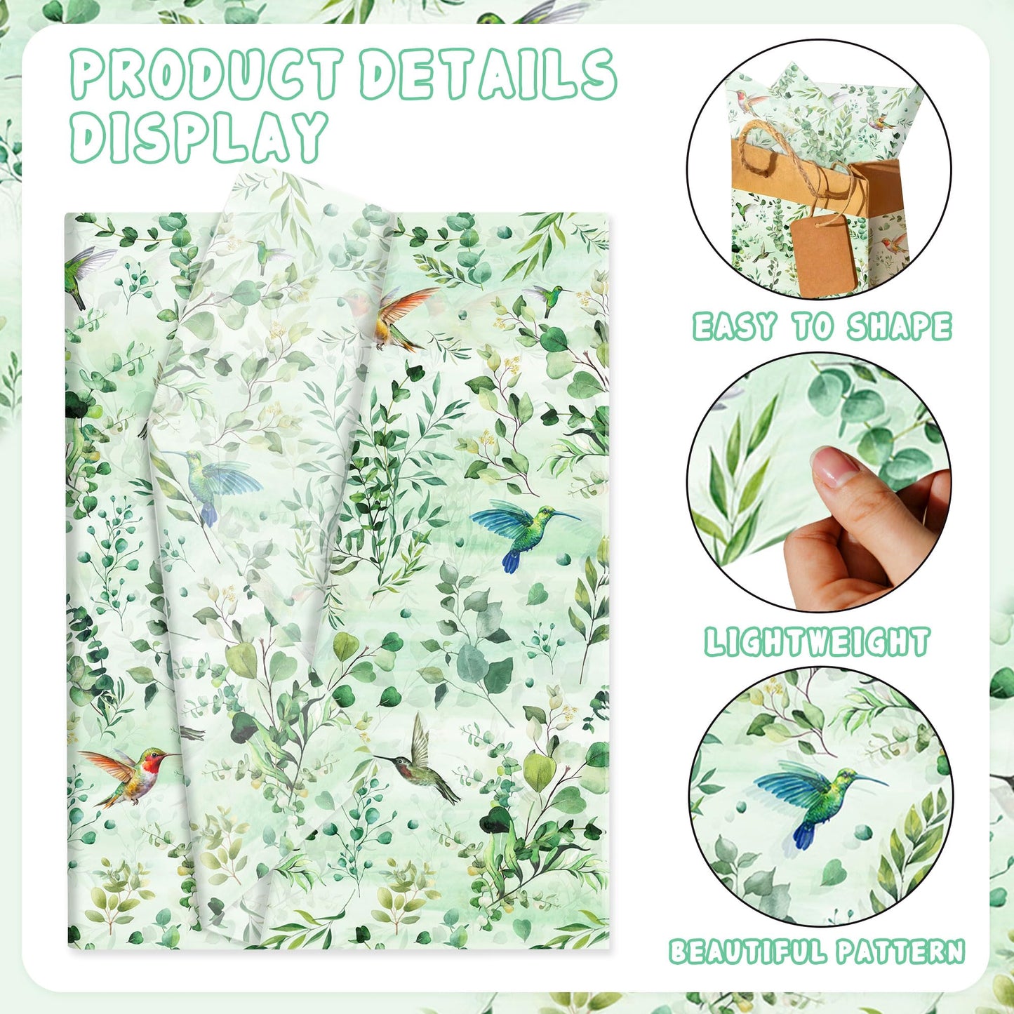 BACH AND BOUJEE 50 Sheets Greenery Eucalyptus Tissue Paper for Gift Bags Sage Green Tissue Papers Spring Floral Gift Wrapping Paper Printed DIY Crafts Packaging Birthday Wedding Party