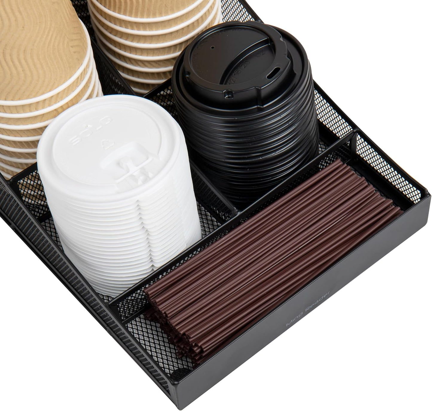 Mind Reader Black Cup and Condiment Station, Countertop Organizer for Coffee Bar, Metal Mesh 8.5"L x 14.5"W x 5.25"H