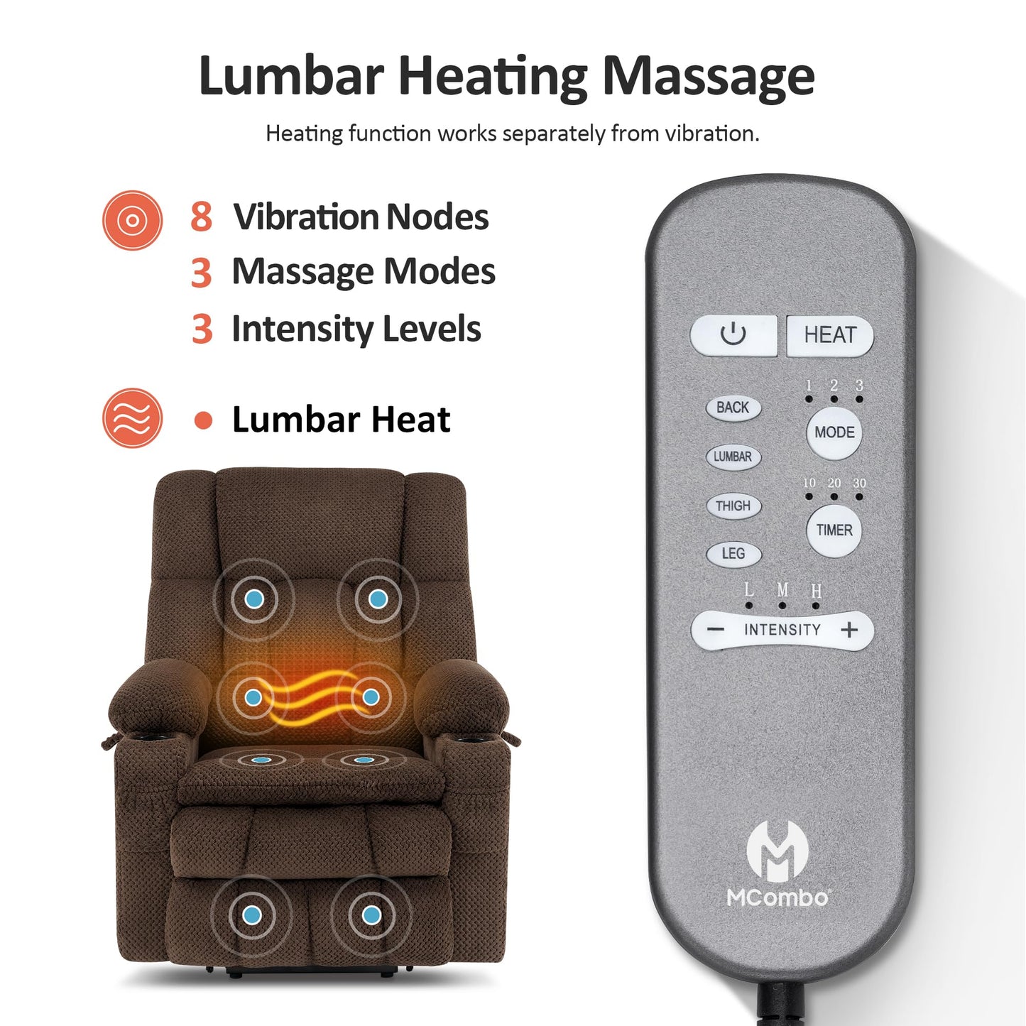 MCombo Dual Motor Power Lift Recliner Chair with Massage and Heat for Elderly People, Infinite Position, USB Ports, Cup Holders, Fabric 7890 (Medium, Mocha)