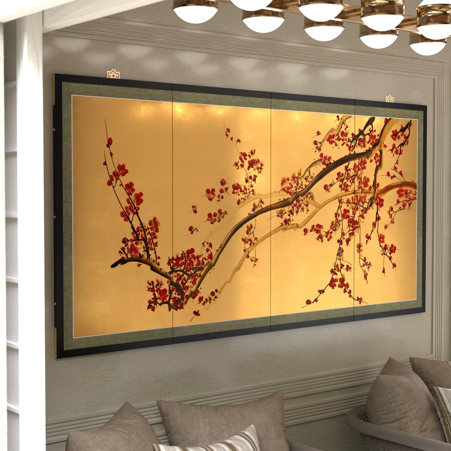 Red Lantern 36" x 72" Plum Tree on Gold Leaf Silk Screen