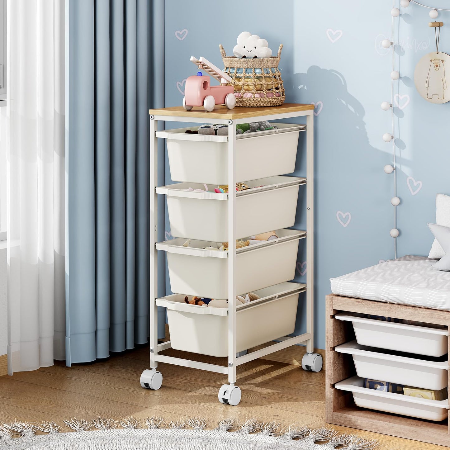 Rolling Storage Cart with 4 Drawers, Craft Organizer, Wooden Tabletop Utility Cart for Bedroom, Children's Room and Office Organization, Table Side Trolley with Lockable Wheels, White