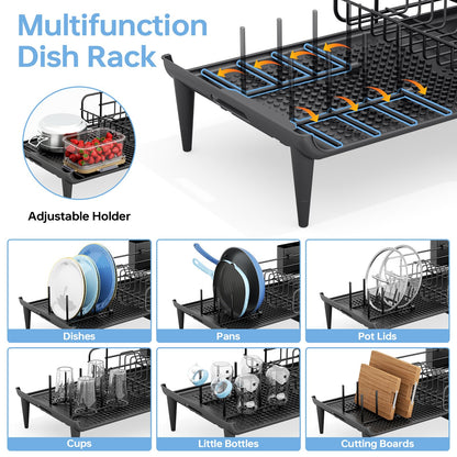 TOOLF Large Dish Drying Rack, Expandable Dish Rack for Kitchen Counter, Multifunctional Dish Drainer, Organization and Storage Essentials with Cup & Cutlery Holders, 16.7"-26.8" L x 12.6" W, Black