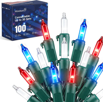 Minetom LED Christmas String Lights - 100 Count, 22 Feet Waterproof Mini Lights for Patriotic 4th of July Decor