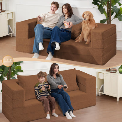 Cansunna Folding Bean Bag Chair for Adults,3-in-1 Bean Bag Couch Faux Fur Floor Sofa Large Beanbag Convertible Bean Bag Sofa Bed with Pillow in Bedroom,Living Room,Apartment(Queen,Caramel)