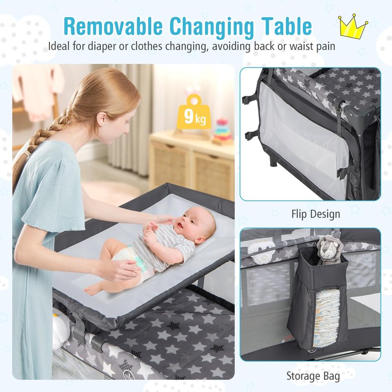 BABY JOY 4 in 1 Pack and Play, Portable Baby Playard with Bassinet, Adjustable Canopy, Changing Table, Lockable Wheels, Glowing Music Box, Travel Baby Crib Bassinet Bed from Newborn to Toddler
