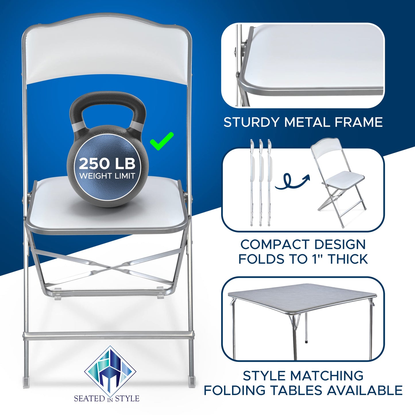 Folding Chairs with Padded Seats 4 Pack - Foldable Chair with Heavy-Duty Steel Frame, Elegant Party Bridge Chairs, Metal Folding Chair for Outside, Home, Office, Indoor Outdoor Events - Silver/ White