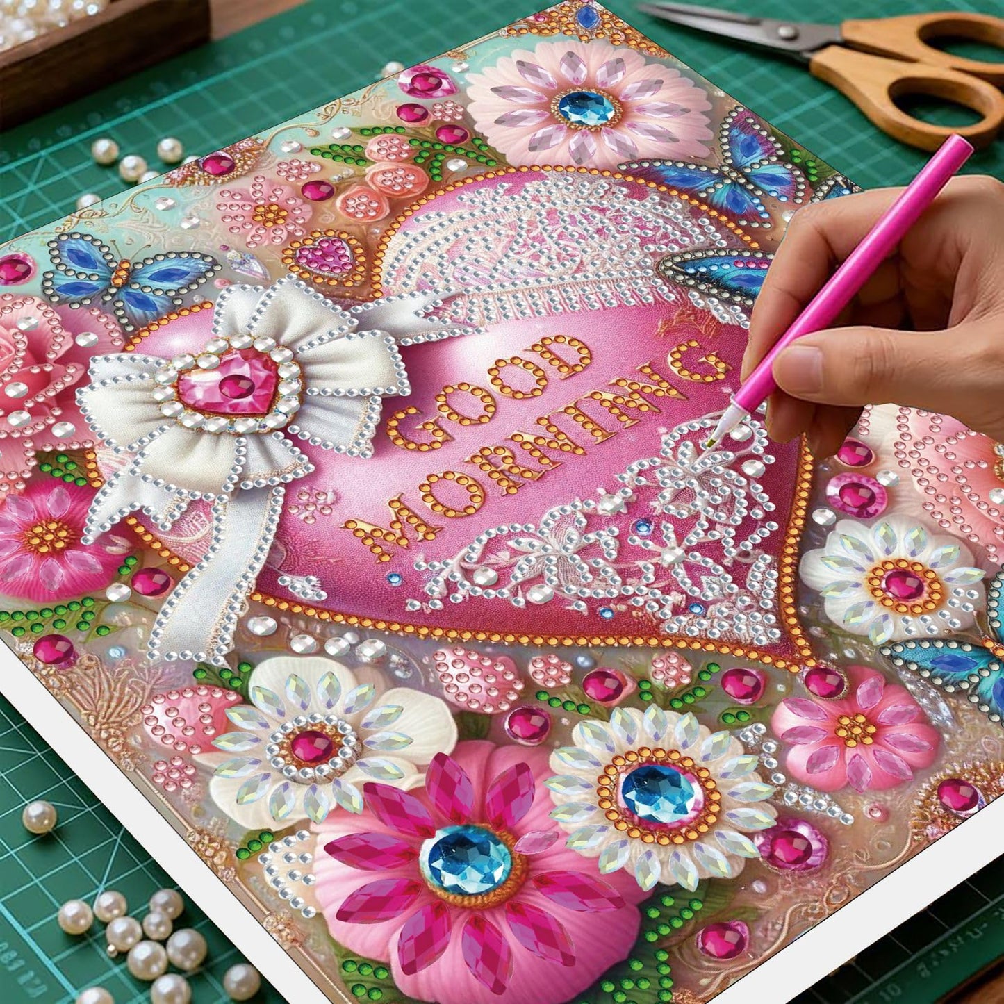 DIYDeligths DIY Diamond Pearl Art Painting with Frame 9.84in Handmade Paste Painting Healing Stress-Relieving Home Wall Decoration No Framing Required (Flowers Heart)