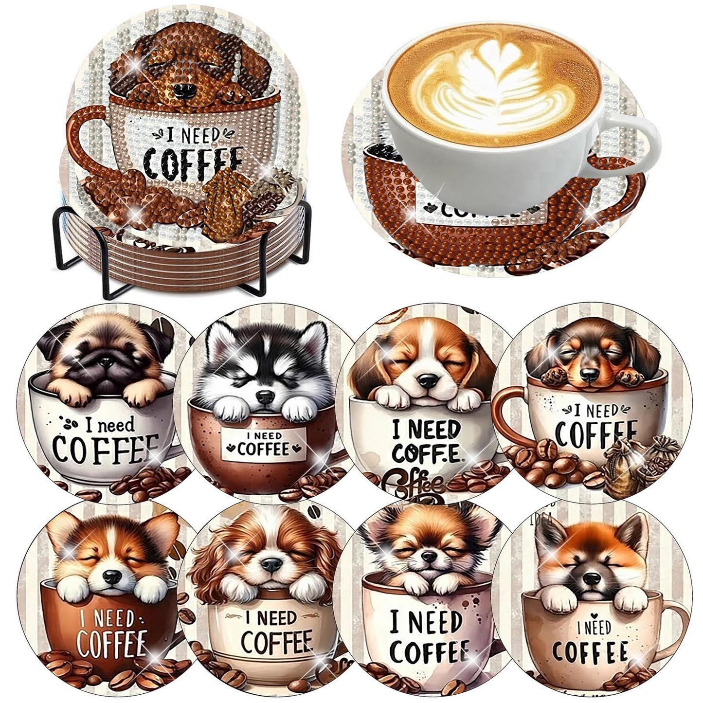 Ekuxom 8 Pcs Coffee Dog Diamond Art Coasters Kits with Holder-Diamond Painting Coasters Kits-DIY Crafts Art Coaster Kit for Home Decor