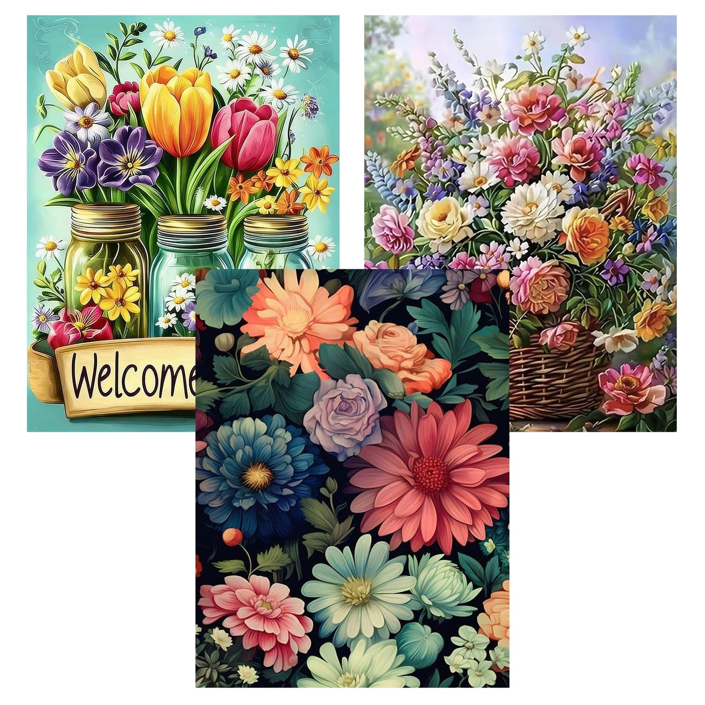Ekuxom 3 Pack Diamond Art Kits for Adults-Flowers Diamond Painting Kits for Adults-5D DIY Full Round Drill Diamonds Gem Art Set for Home Wall Decor 12x16inch