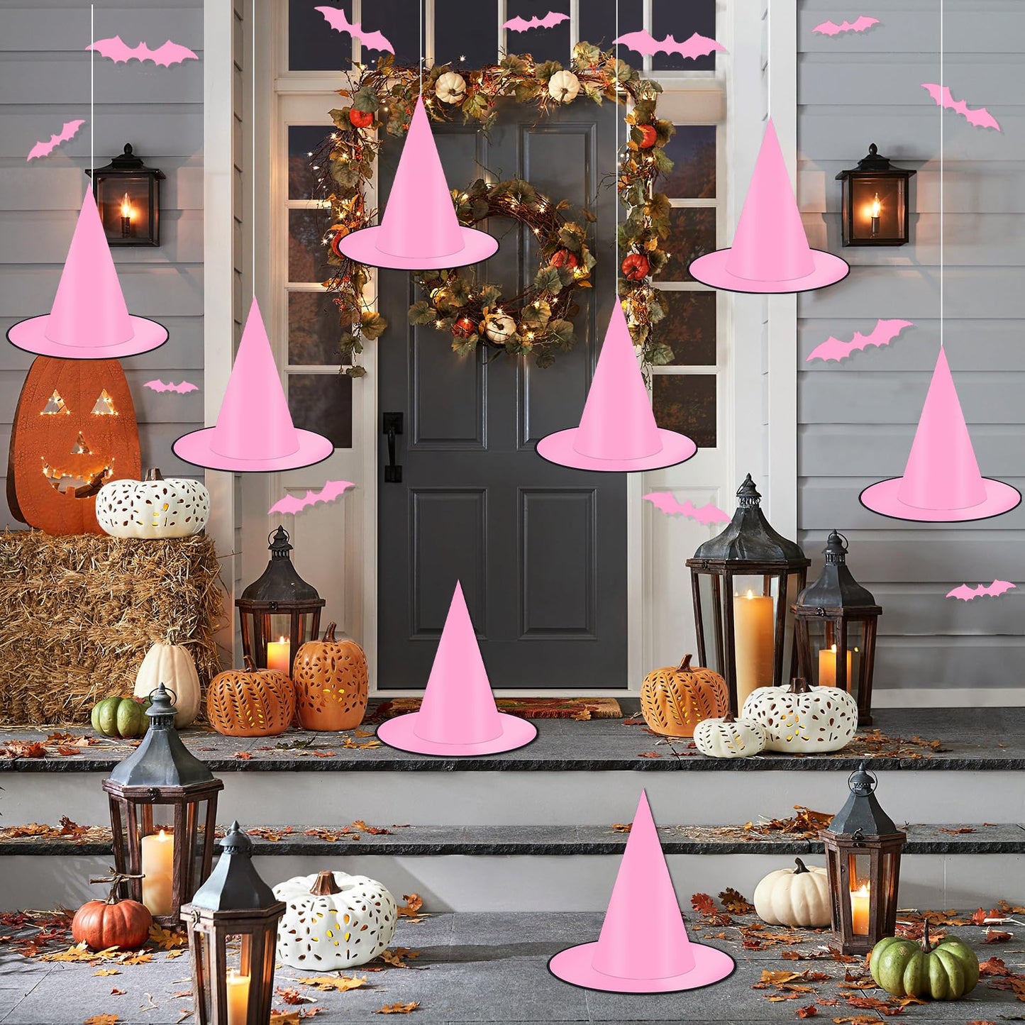 Coneatness 12 PCS Witch Hats with Hanging Rope, 16 PCS 3D Bats Stickers for Halloween Indoor Outdoor Yard Decor, Pink Party Decorations, Wizard Costume for Women