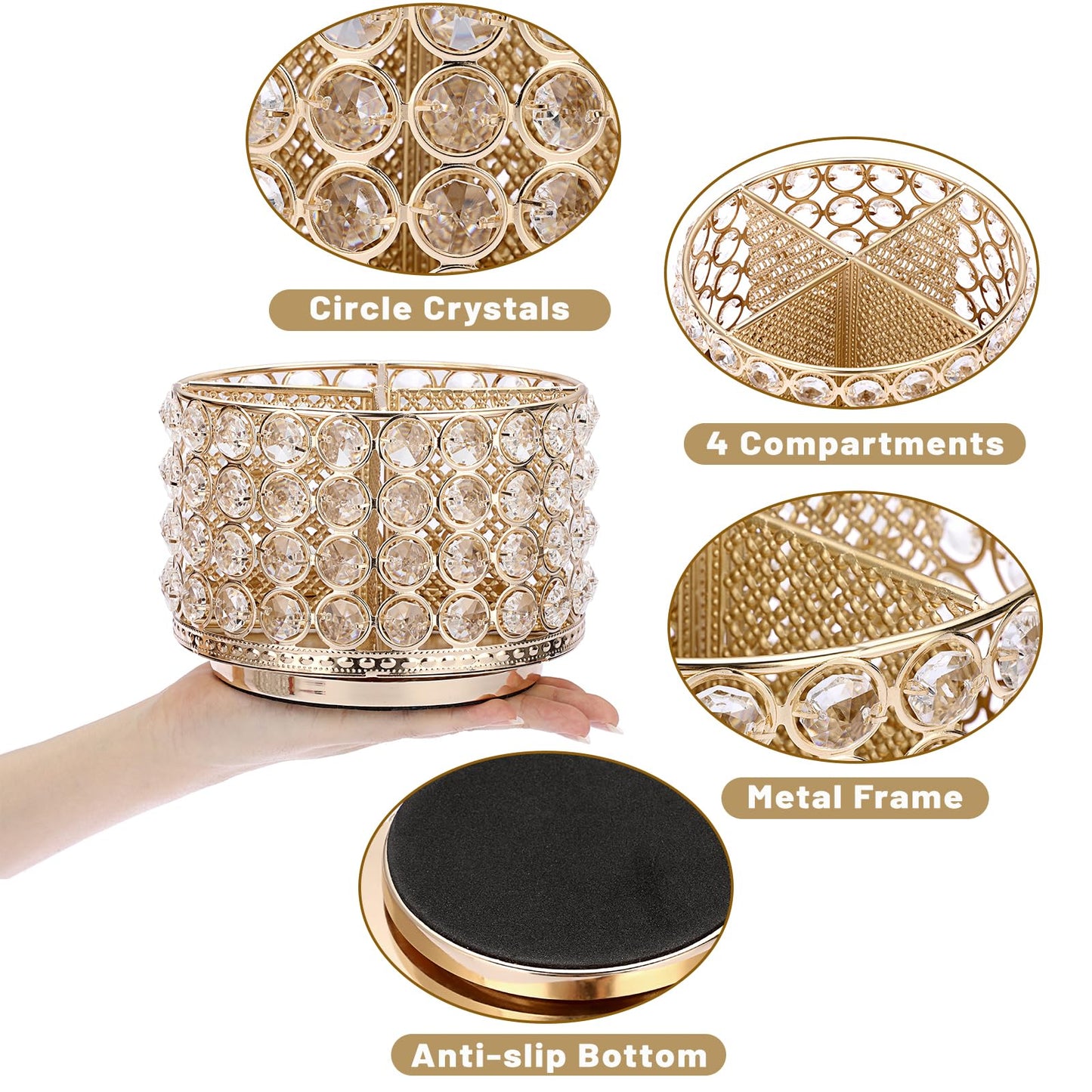 BTSKY Crystal 360 Degree Rotating Desk Organizer Decorative Storage Box with 4 Compartments, Glitter Metal Makeup Brush Holder Elegant Storage Caddy Home Decor Gift for Women, Round-4 Slots Gold