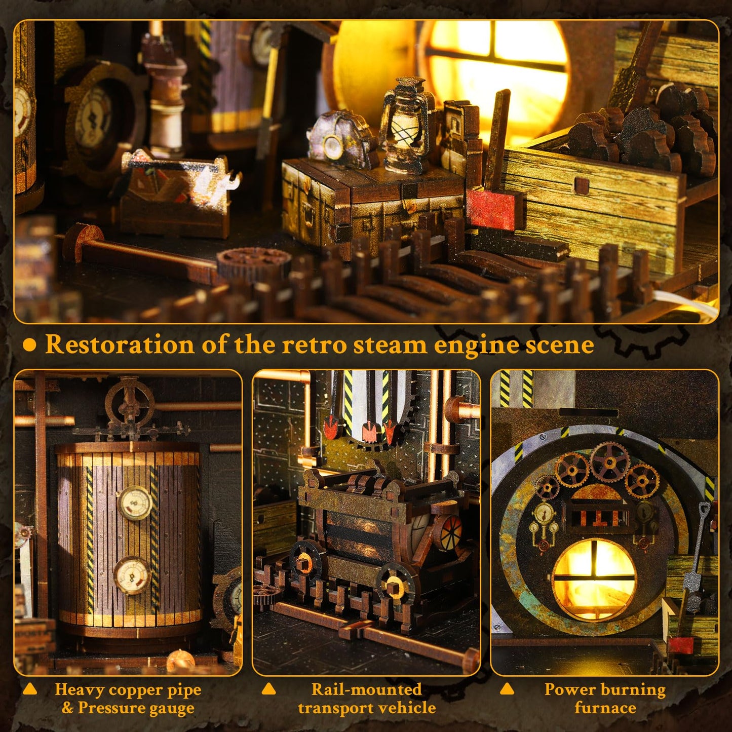 Book Nook, DIY Miniature House Kit, 3D Puzzle Wooden, LED Lights, Decor Crafts for Adults Teen Gifts(Steampunk Industria)