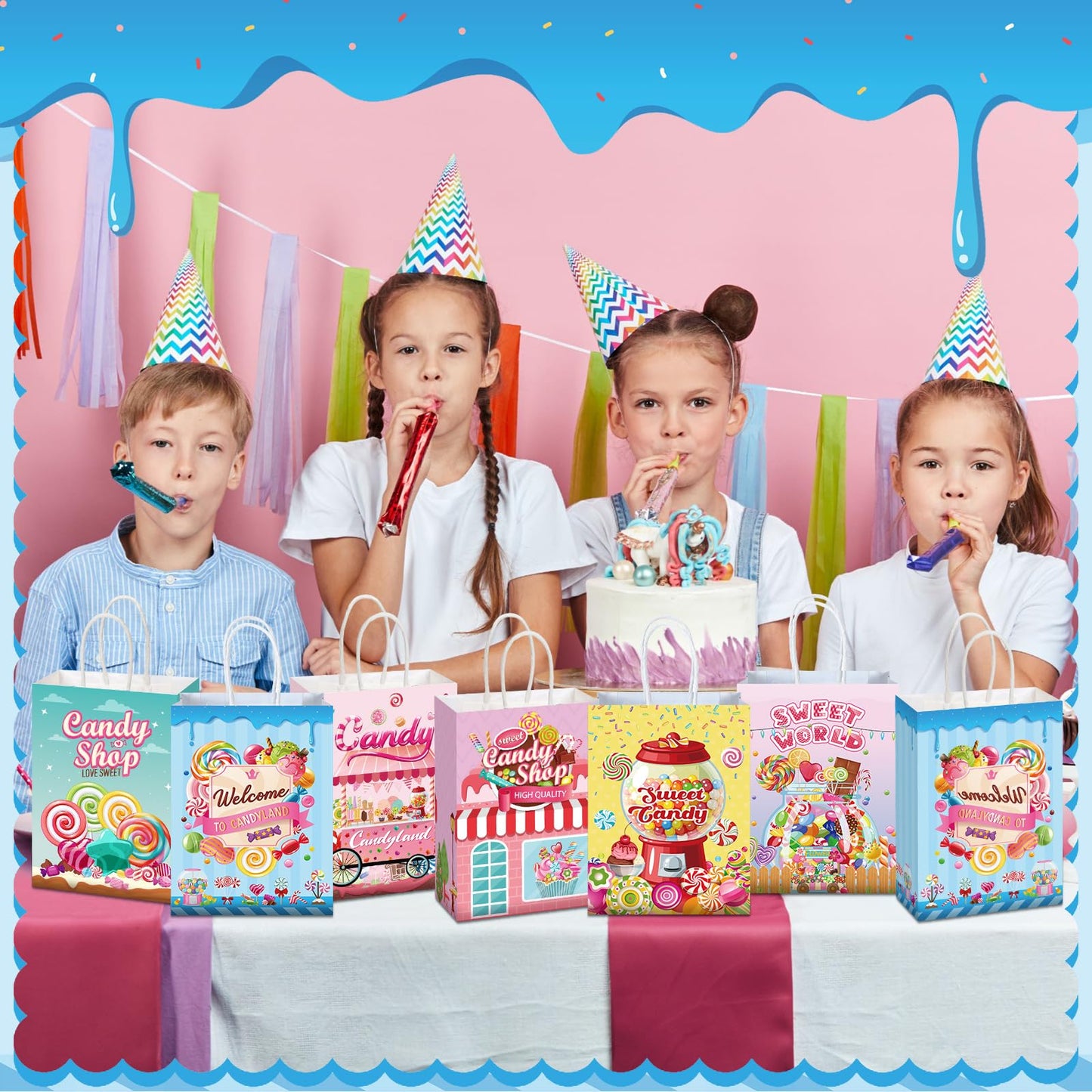 Sinload 48 Pcs Candy Sweet Goodie Bags with Handles Candy Land Gift Bags Lollipop Party Favors Sweet Shop Theme Paper Treat Boxes for Classroom Prizes Supplies Birthday Halloween Baby Shower Decor