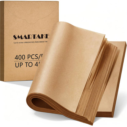 SMARTAKE 400 Pcs Parchment Paper Baking Sheets, 12x16 Inches Non-Stick Precut Baking Parchment, for Baking Grilling Air Fryer Steaming Bread Cup Cake Cookie and More (Unbleached)