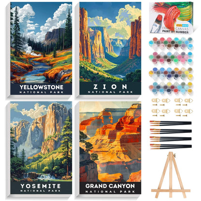 4 Pack Framed Paint by Numbers Kit for Adults with Wooden Easel, National Parks Easy Paint by Numbers with Frame for Beginners, Adult Paint by Number Kits Framed Canvas for Home Decor Gift 8x12 Inch