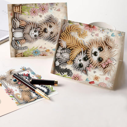 6 Pcs 5D Diamond Painting Greeting Cards Kits, Handmade Festival Greeting Cards with Envelopes DIY Diamond Art Crafts Birthday Cards Laser Effect for Birthdays Holidays Celebrations (Cat Dog Cuddling)