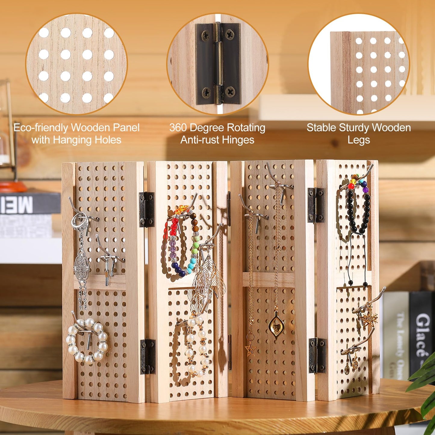GlikCeil Pegboard Display Stand with 20 Peg Hooks for Retail Craft Shows 4 Panel Wooden Pegboard Display Stand Earring Jewelry Keychain Display Racks Vendors Events Selling Store Supplies